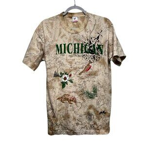 Vintage 80's Single Stitch T Shirt Map Of Michigan‎ All Over Print Tee Large USA